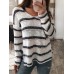 Women Stripe V-neck Side Split Loose Knit Long Sleeve Sweaters
