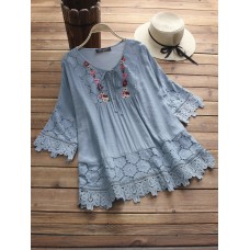 Casual Women Hollow Lace Patchwork 3/4 Sleeve Blouse