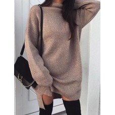 Women Casual Solid Color High Collar Knitted Pullover Long Sweaters