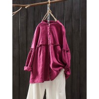 Women Long Sleeve Stand Collar Solid Linen Cotton Vintage Blouse