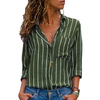 S-5XL Women Casual Striped Loose V-Neck Long Sleeve Blouse with Pocket