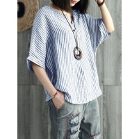 Women Vintage Striped Batwing Sleeve Baggy Blouse