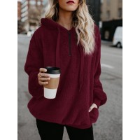 Women Fleece Hooded Solid Color Autumn Winter Sweatshirt