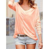 Plus Size Casual Solid Color V-neck Long Sleeve T-shirts