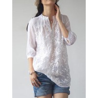 Women Floral Embroidery V-neck 3/4 Sleeve Blouse
