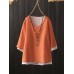Women Solid Color O-neck Layered 3/4 Sleeve Blouse