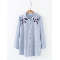 Women Embroidery Long Sleeves Stripe Shirts