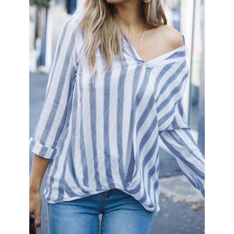 Women Casual Stripe V-neck Long Sleeve Blouse