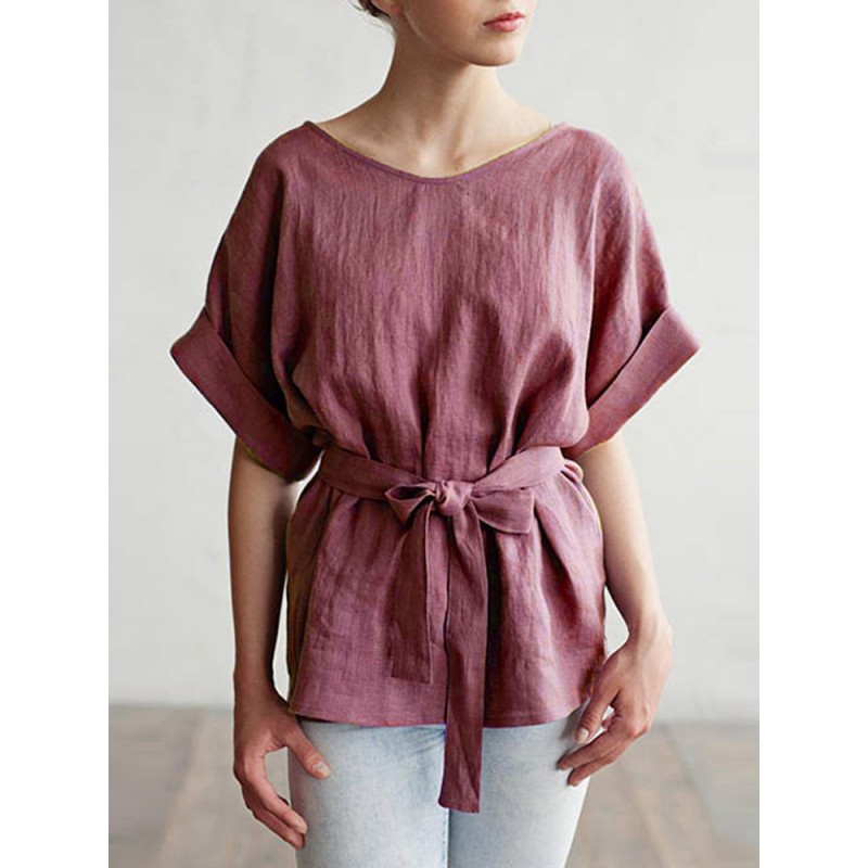 Casual Women Cotton Linen V-Neck Batwing Sleeve Tops with Belt