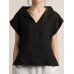 Women V-Neck Short Sleeves Solid Color Cotton Linen Tunic Blouse