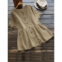 Casual Women Cotton Loose Short Sleeve Round Neck Blouse