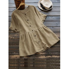 Casual Women Cotton Loose Short Sleeve Round Neck Blouse