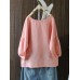 S-5XL Women 3/4 Sleeve O-neck Solid Color Vintage Blouse