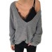 Women Trendy Casual V-neck Long Sleeve Solid Color Knit Blouse