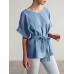 Casual Women Cotton Linen V-Neck Batwing Sleeve Tops with Belt