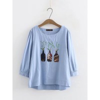 Women Loose Cotton Embroidery Three Quarter Sleeves Blouse
