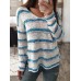 Women Stripe V-neck Side Split Loose Knit Long Sleeve Sweaters