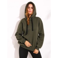 Casual Women Hooded Long Sleeve Drawstring Solid Color Sweatshirt