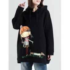 Plus Size Cartoon Print Long Sleeve Hooded Sweatshirt for Women