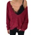 Women Trendy Casual V-neck Long Sleeve Solid Color Knit Blouse