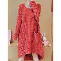 Women Casual Loose Crew Neck Long Sleeve Knit Sweaters Dress with Pockets
